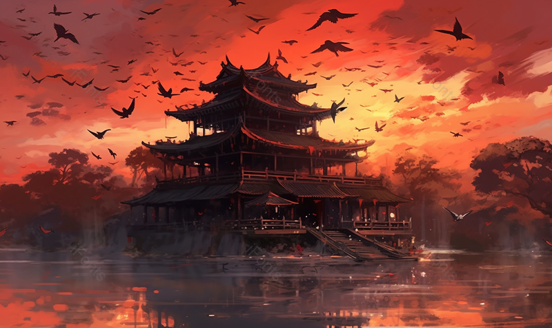 晚霞时分的故宫园林古风建筑上空群鸟飞向远方水面倒映房屋插画,插画/手绘图,插画/手绘图库,插画/手绘图下载,插画/手绘